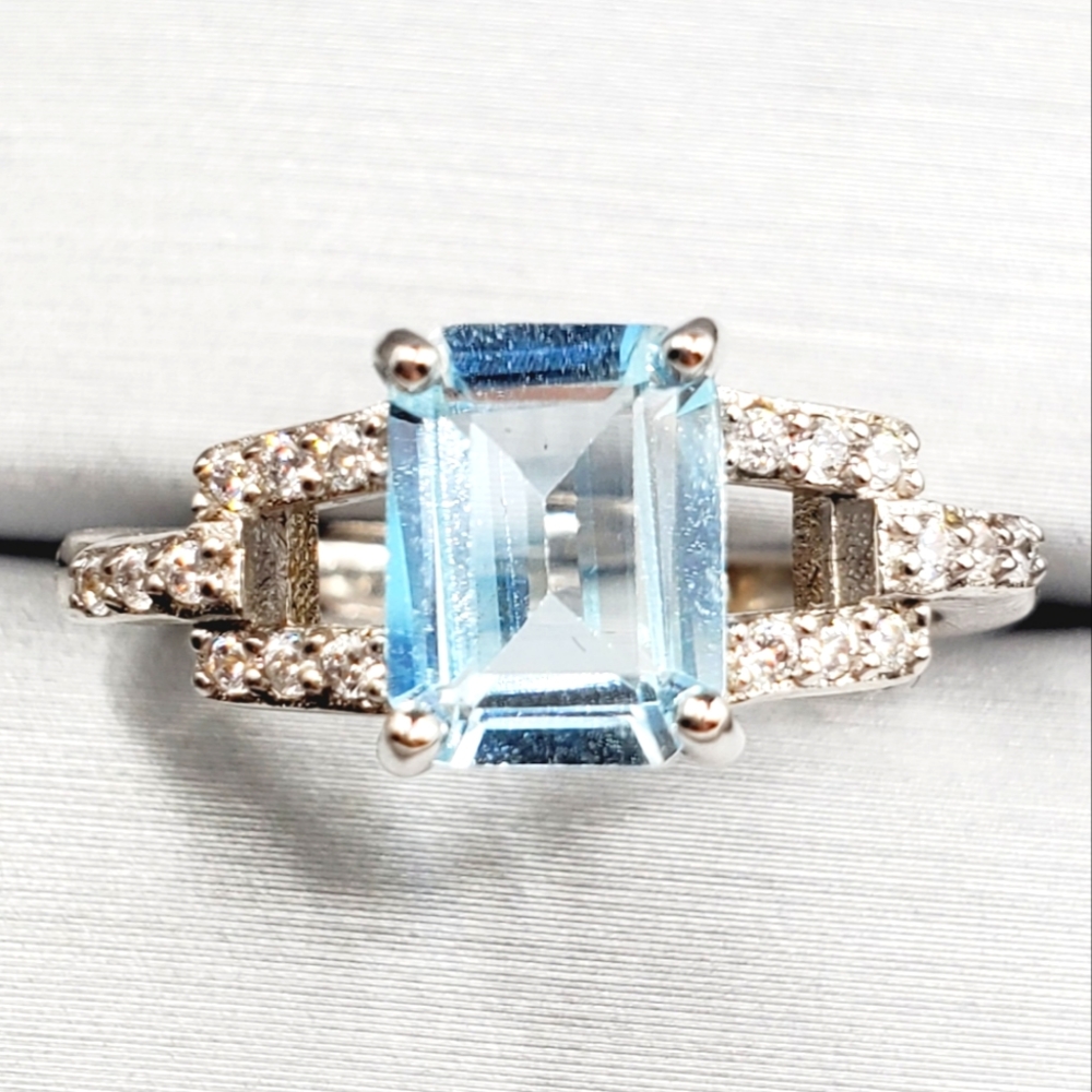 Emerald Cut Sky Blue Topaz & Diamond 925 Sterling Silver Ring